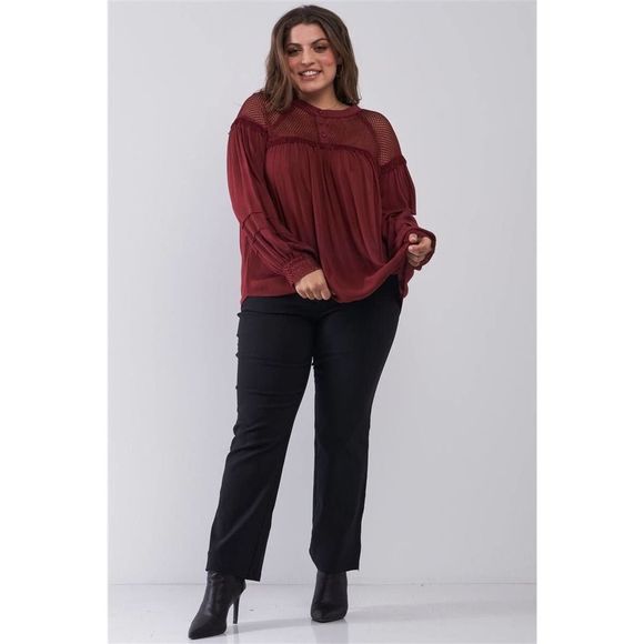X Tops - Plus Size Boho Sheer Net Mesh Balloon Sleeve Detail Relaxed Top